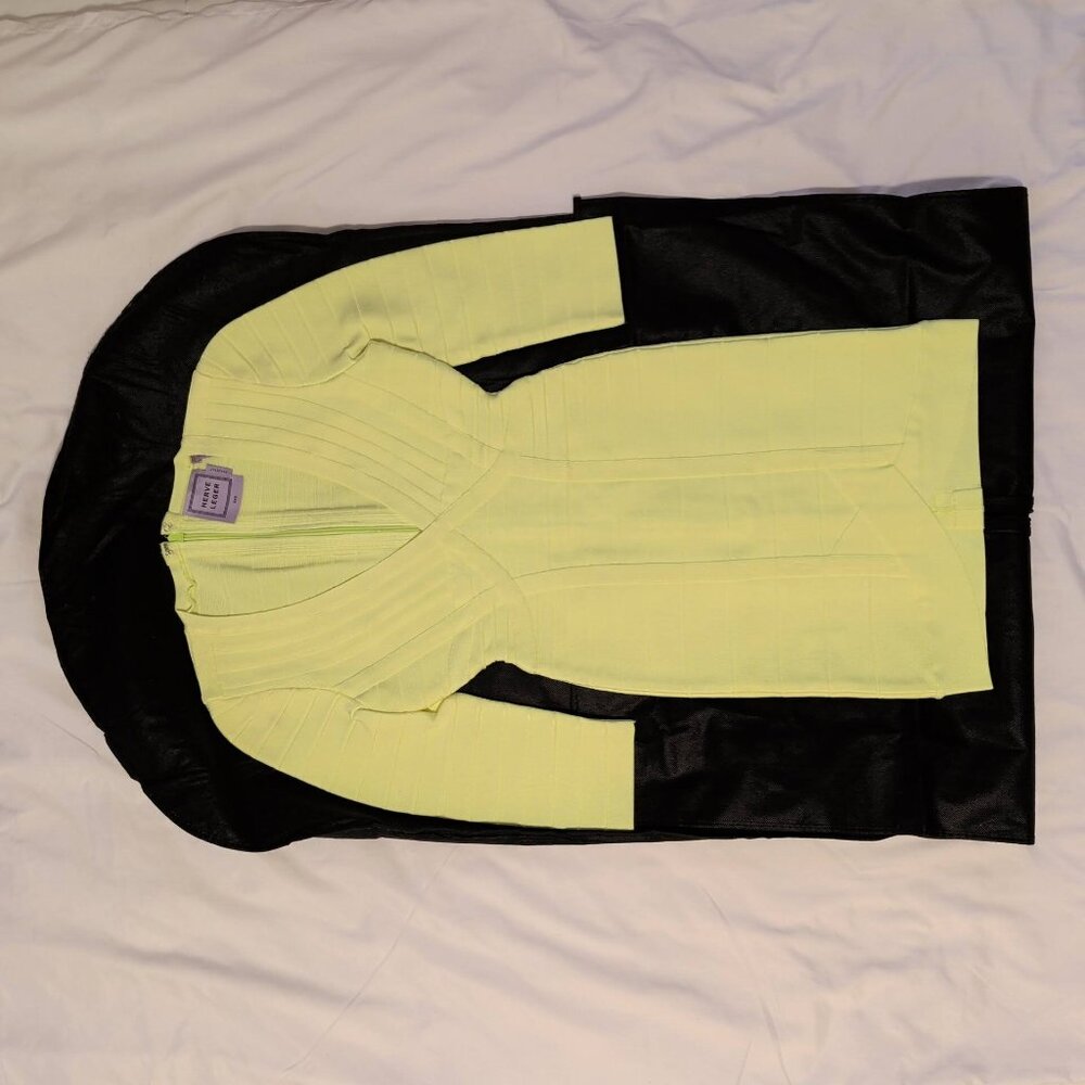 Herve Leger Neon Yellow/Green 'Nathalia' V-Neck 3/4 Sleeve Bandage Mini Dress - Picture 4 of 12